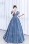 Princess V Neck Blue Long Prom Dress, Sparkly Tulle Quinceanera Dresses UQP0247