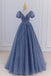 Princess V Neck Blue Long Prom Dress, Sparkly Tulle Quinceanera Dresses UQP0247