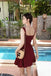 Burgundy Square Neck Mini Dress for Womens Party Dress Homecoming Gown UQH0257