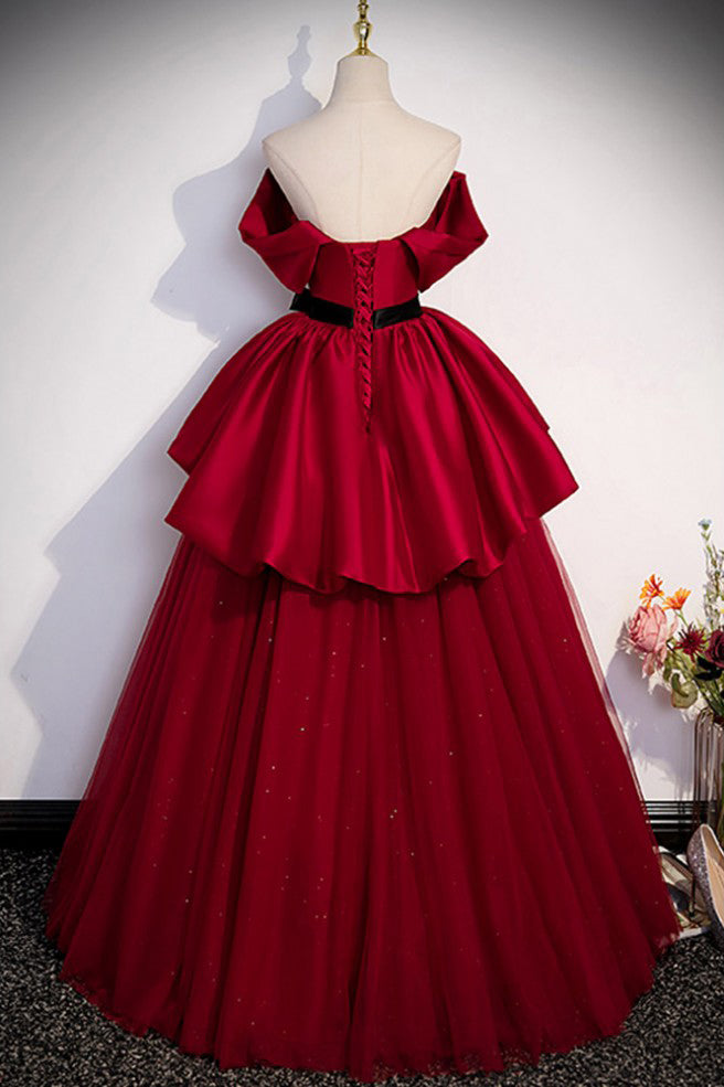 Burgundy Tulle and Satin Prom Dress with Sash Graduation Dress Women UQP0324