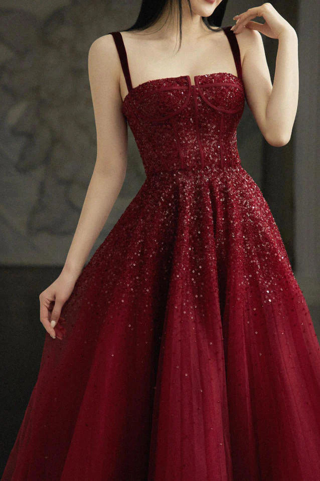 Gorgeous Burgundy Beading Prom Dresses A line Sequin Straps Tulle Evening Dress UQP0344