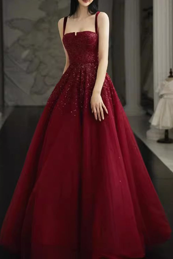 Gorgeous Burgundy Beading Prom Dresses A line Sequin Straps Tulle Evening Dress UQP0344