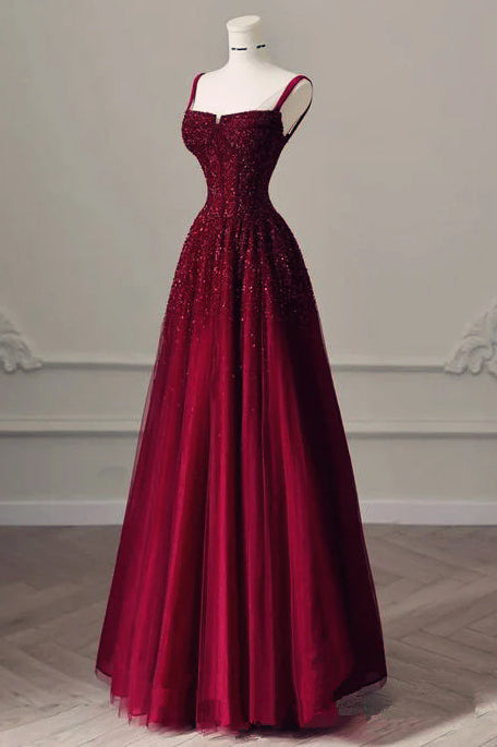 Gorgeous Burgundy Beading Prom Dresses A line Sequin Straps Tulle Evening Dress UQP0344