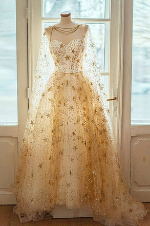 A-line Tulle Long Prom Dress with Star, Unique Sparkly Eveing Gown UQP0237