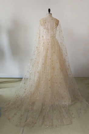 A-line Tulle Long Prom Dress with Star, Unique Sparkly Eveing Gown UQP0237