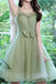 A Line Green Tulle Short Prom Dress with Bowknot, Puffy Homecoming Gown with Detachable Sleeves UQH0190