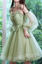 A Line Green Tulle Short Prom Dress with Bowknot, Puffy Homecoming Gown with Detachable Sleeves UQH0190