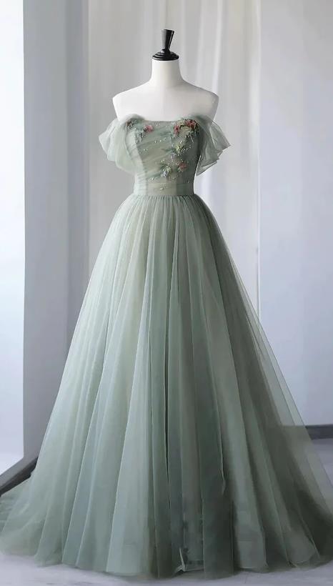 Gray Green Tulle Off the Shoulder Long Prom Dress New Arrival Evening Gown UQP0232