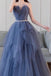 Blue Sweetheart Sleeveless Floor Length Sparkly Evening Prom Dress with Belt UQP0072