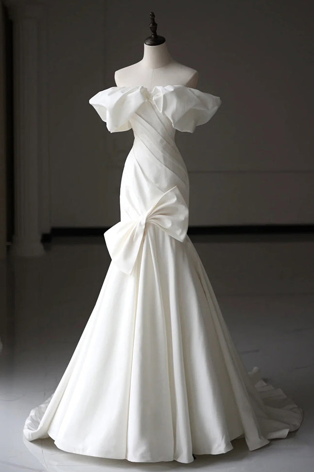 French Off the Shoulder Satin Long Wedding Dress, Mermaid Bridal Dress with Bowknot UQW0119