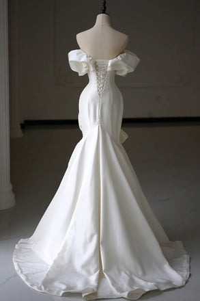 French Off the Shoulder Satin Long Wedding Dress, Mermaid Bridal Dress with Bowknot UQW0119
