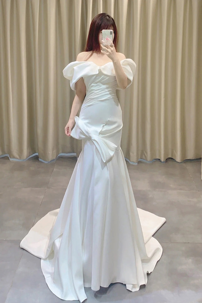 French Off the Shoulder Satin Long Wedding Dress, Mermaid Bridal Dress with Bowknot