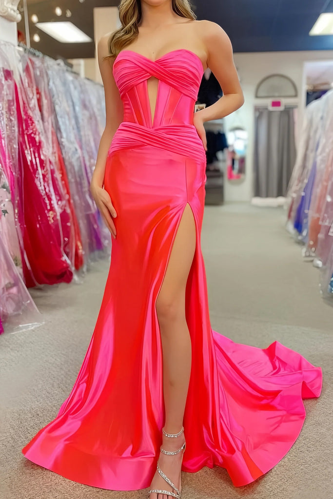 Fuchsia Sweetheart Mermaid Prom Dress with Slit, New Arrival Satin Evening Gown UQP0338