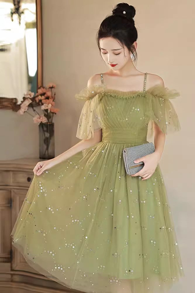 Green Off the Shoulder Straps Sparkly Tulle Homecoming Gown with Beading UQH0250