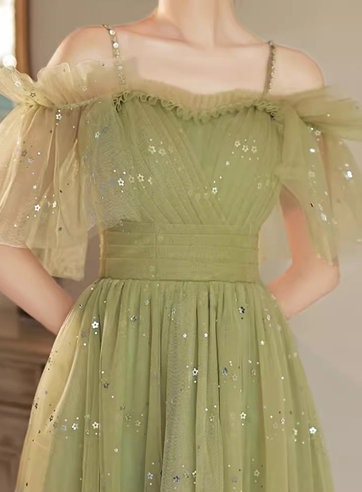 Green Off the Shoulder Straps Sparkly Tulle Homecoming Gown with Beading UQH0250