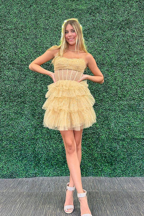 New Arrival Strapless Sequin Tulle Homecoming Dress, Cocktail Dress with Ruffle Skirt UQH0187