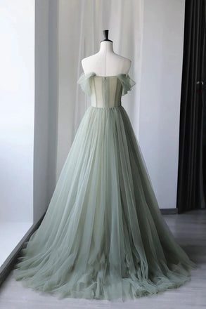 Gray Green Tulle Off the Shoulder Long Prom Dress New Arrival Evening Gown UQP0232