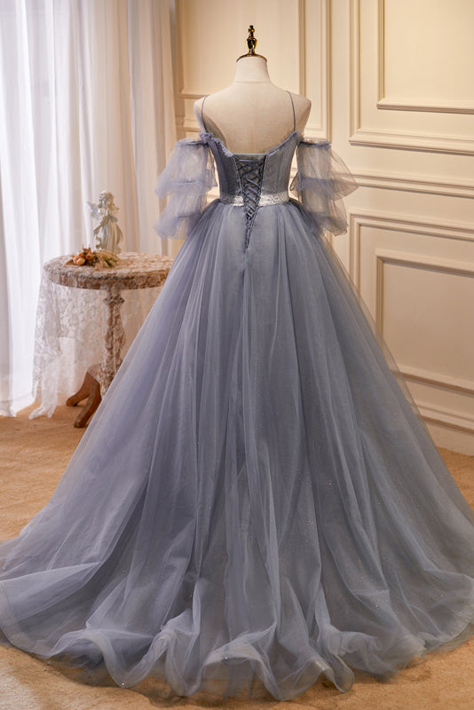Puffy Spaghetti Straps Tulle Prom Gown with Lace Appliques, Formal Dress UQP0240