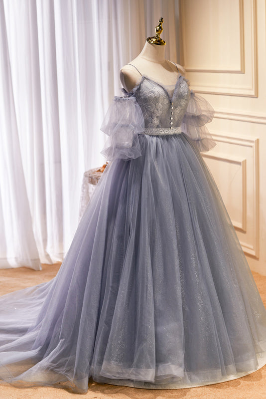 Puffy Spaghetti Straps Tulle Prom Gown with Lace Appliques, Formal Dress UQP0240