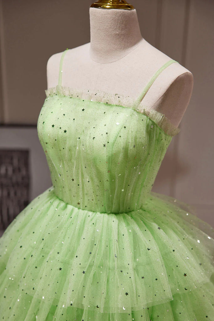 Green Spaghetti Straps Sparkly Hoco Dress, Puffy Tulle Tiered Short Prom Gown UQH0215