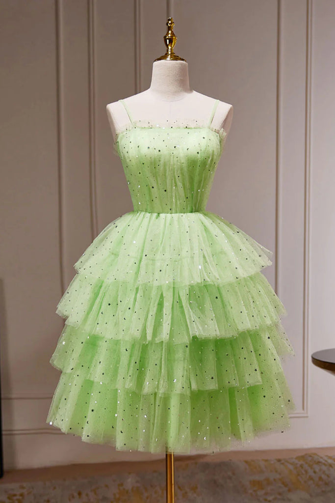 Green Spaghetti Straps Sparkly Hoco Dress, Puffy Tulle Tiered Short Prom Gown UQH0213