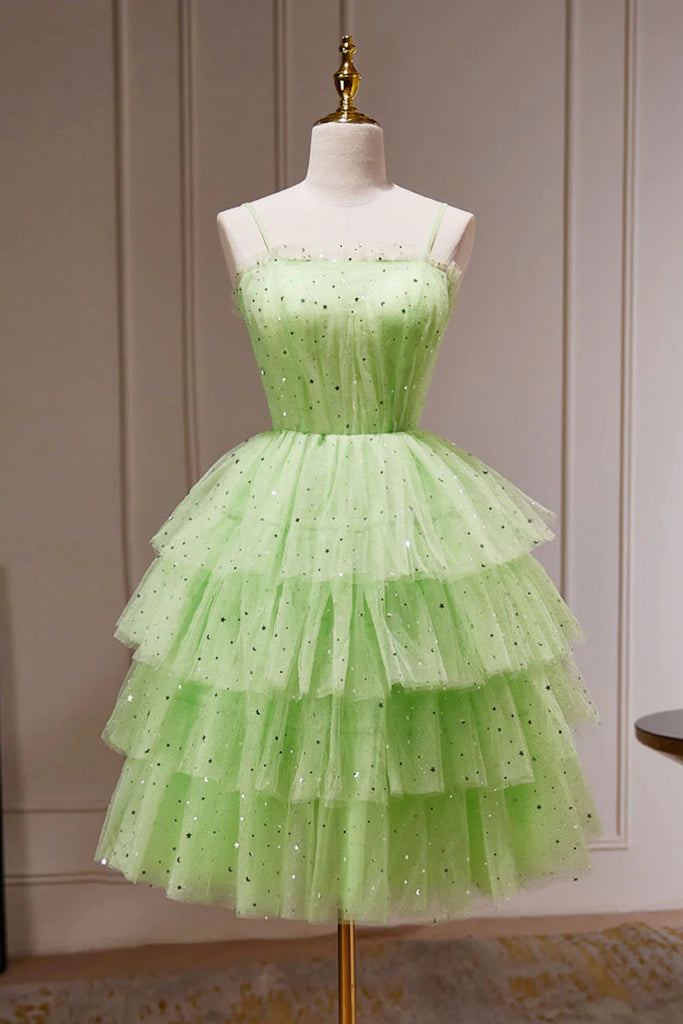 Green Spaghetti Straps Sparkly Hoco Dress, Puffy Tulle Tiered Short Pr Uniquedresss Green Spaghetti Straps Sparkly Hoco Dress, Puffy Tulle Tiered Short Pr Uniquedresss