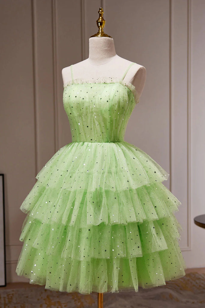 Green Spaghetti Straps Sparkly Hoco Dress, Puffy Tulle Tiered Short Pr Uniquedresss Green Spaghetti Straps Sparkly Hoco Dress, Puffy Tulle Tiered Short Pr Uniquedresss