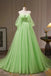 A Line Off the Shoulder Tulle Long Prom Dress, Green Formal Gown with Sequins UQP0269