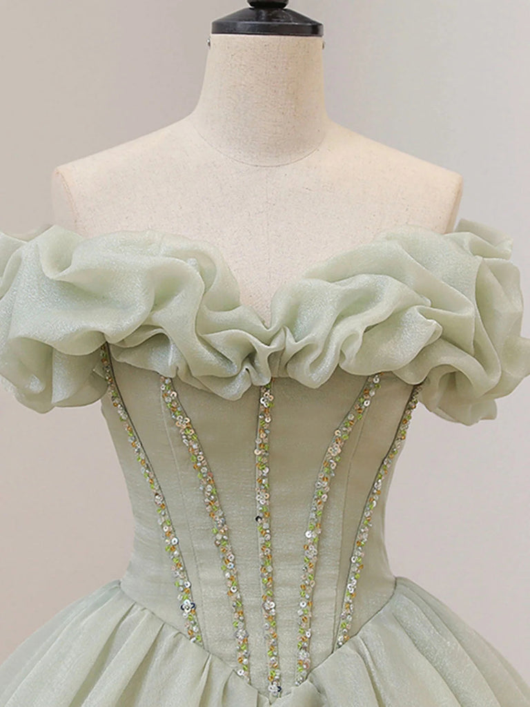 Ball Gown Off the Shoulder Green Prom Dress, Princess Quinceanera Dresses with Sequin UQP0244