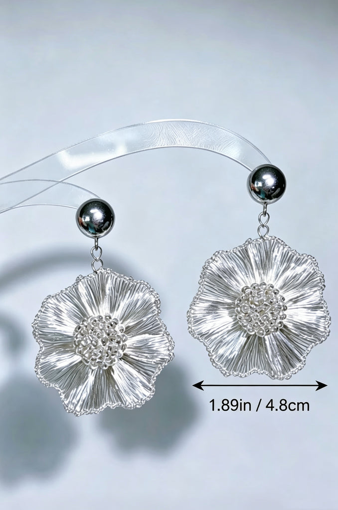 Handmade Silver Wire Crochet Flower Earrings, Copper Wire Earrings, Bridal Jewelry Gift UQJ001