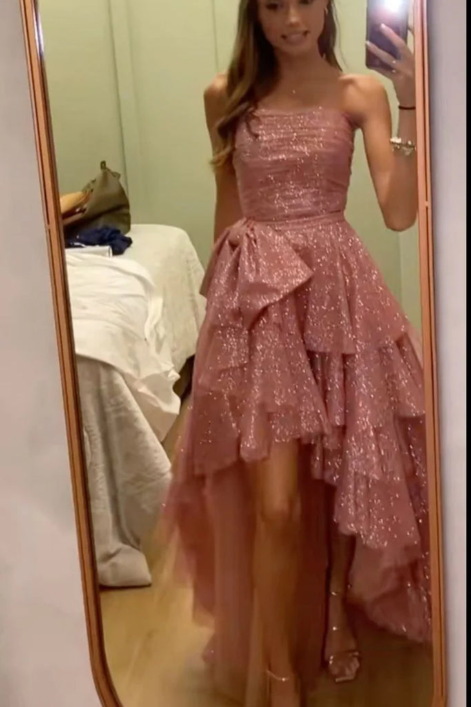 Fancy High Low Strapless Rose Gold Sequin Long Prom Dresses Evening Gown UQP0366