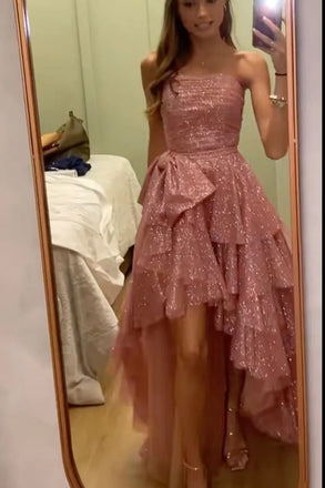 Fancy High Low Strapless Rose Gold Sequin Long Prom Dresses Evening Gown UQP0366