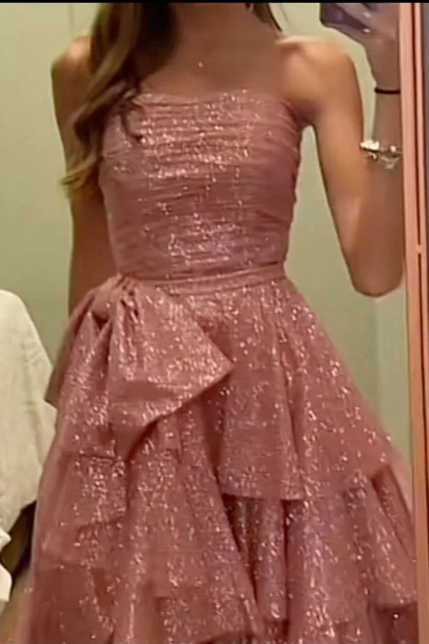 Fancy High Low Strapless Rose Gold Sequin Long Prom Dresses Evening Gown UQP0366