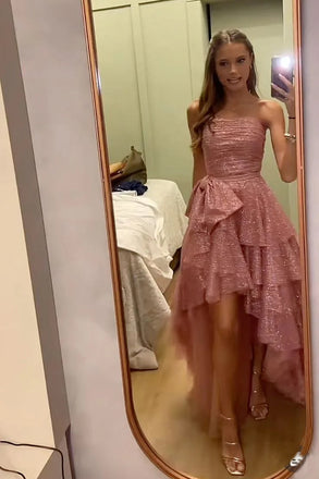 Fancy High Low Strapless Rose Gold Sequin Long Prom Dresses Evening Gown UQP0366