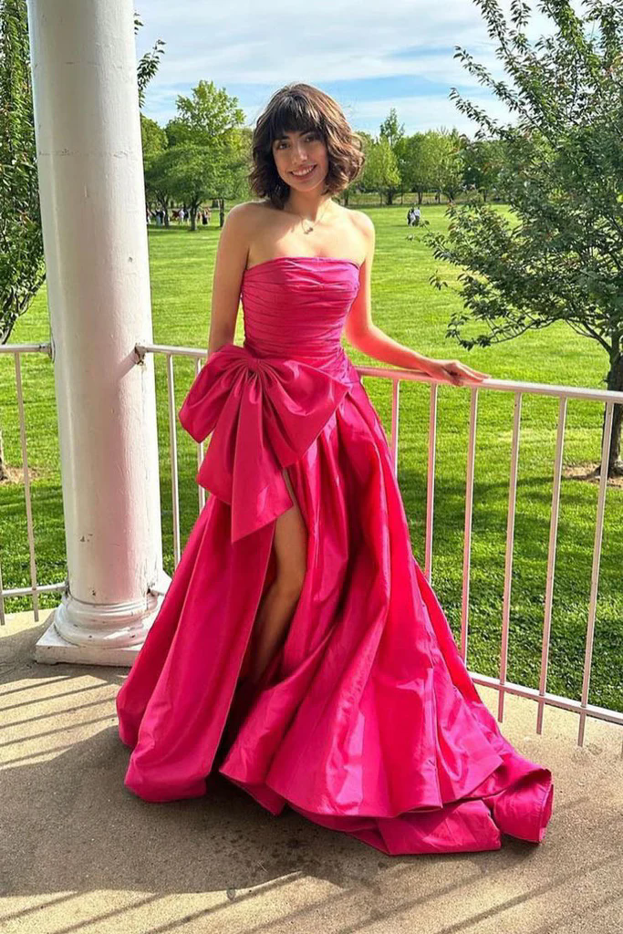 A Line Strapless Satin Long Prom Dress, Evening Formal Gown With Bowknot UQP0326