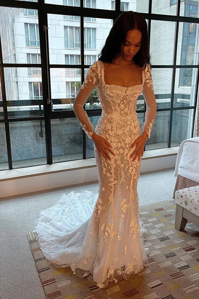 Illusion Mermaid Long Sleeves Square Neck Tulle Appliques Wedding Dres – Uniquedresss Illusion Mermaid Long Sleeves Square Neck Tulle Appliques Wedding Dres – Uniquedresss