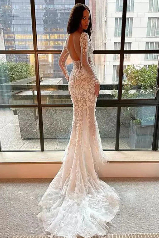 Illusion Mermaid Long Sleeves Square Neck Tulle Appliques Wedding Dres Uniquedresss Illusion Mermaid Long Sleeves Square Neck Tulle Appliques Wedding Dres Uniquedresss