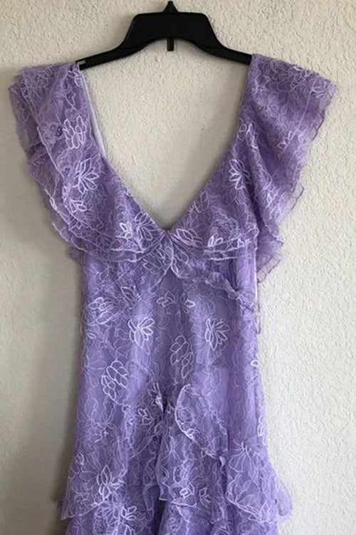 Lavender Lace V-Neck Long Prom Dress Sleeveless Evening Gown Party Dress UQP0364