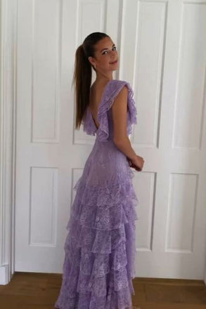 Lavender Lace V-Neck Long Prom Dress Sleeveless Evening Gown Party Dress UQP0364