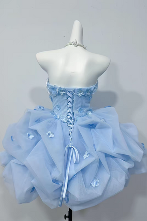 Puffy Strapless Light Blue Ruffled 3D Floral Short Homecoming Dress Cocktail Prom Gown UQH0275