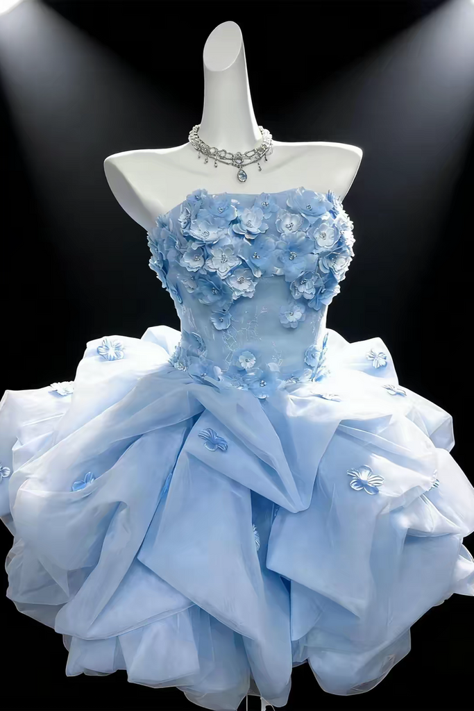 Puffy Strapless Light Blue Ruffled 3D Floral Short Homecoming Dress Cocktail Prom Gown UQH0275