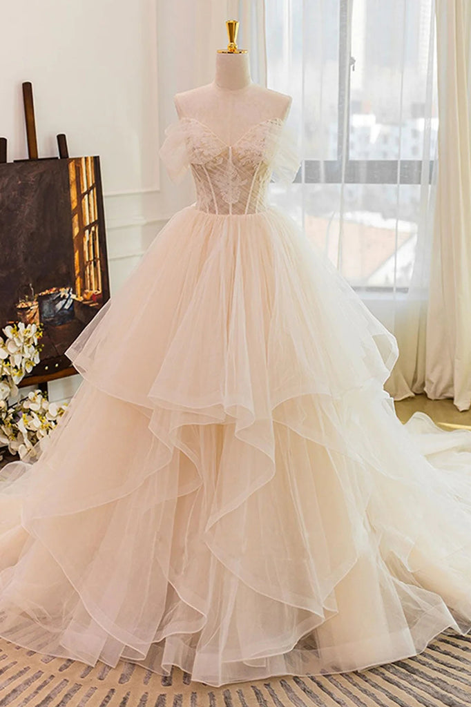 Puffy Off the Shoulder Tulle Prom Dress with Lace Appliques, Long Wedding Gown UQP0271