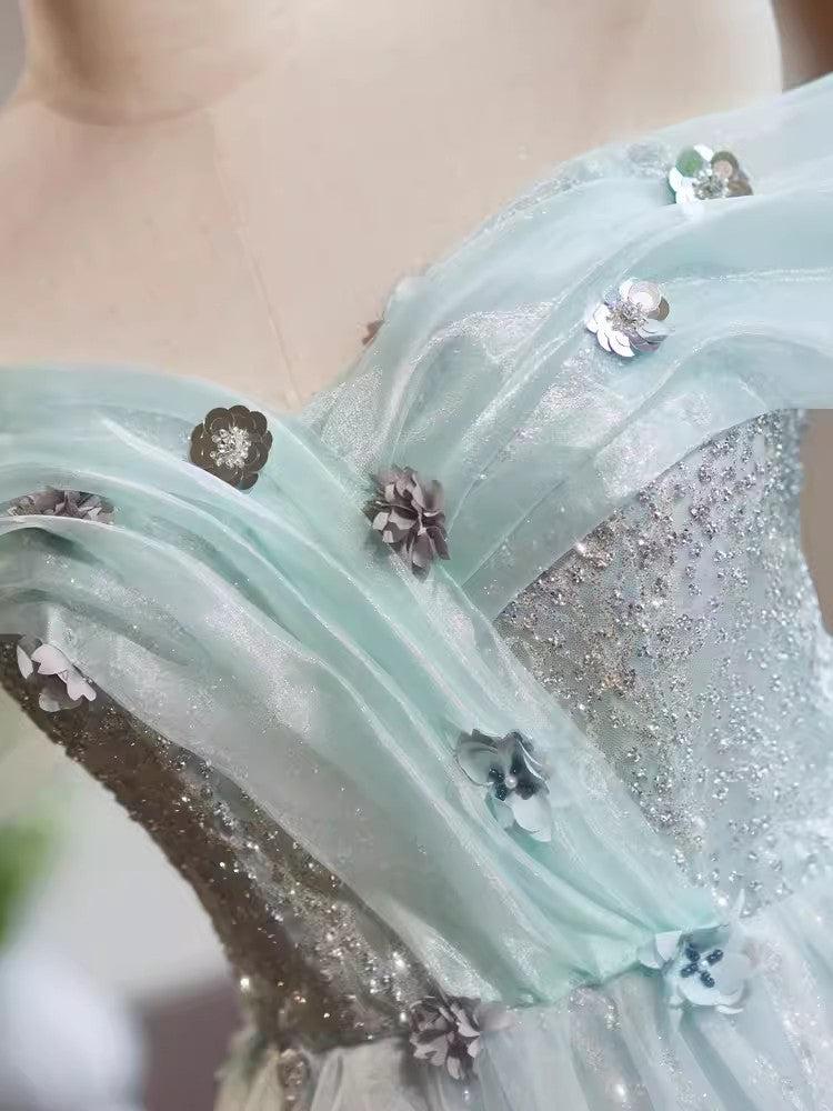 Light Green Off the Shoulder Tulle Hoco Dress with flowers, Short Prom ...