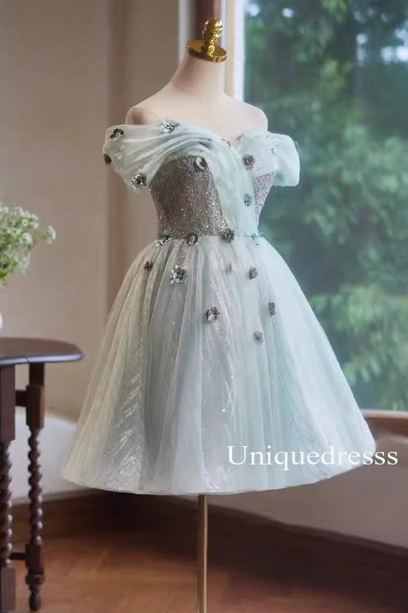 Light Green Off the Shoulder Tulle Hoco Dress with flowers, Short Prom Gown UQH0242