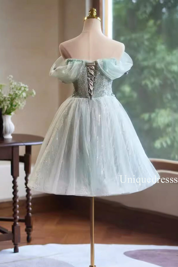 Light Green Off the Shoulder Tulle Hoco Dress with flowers, Short Prom