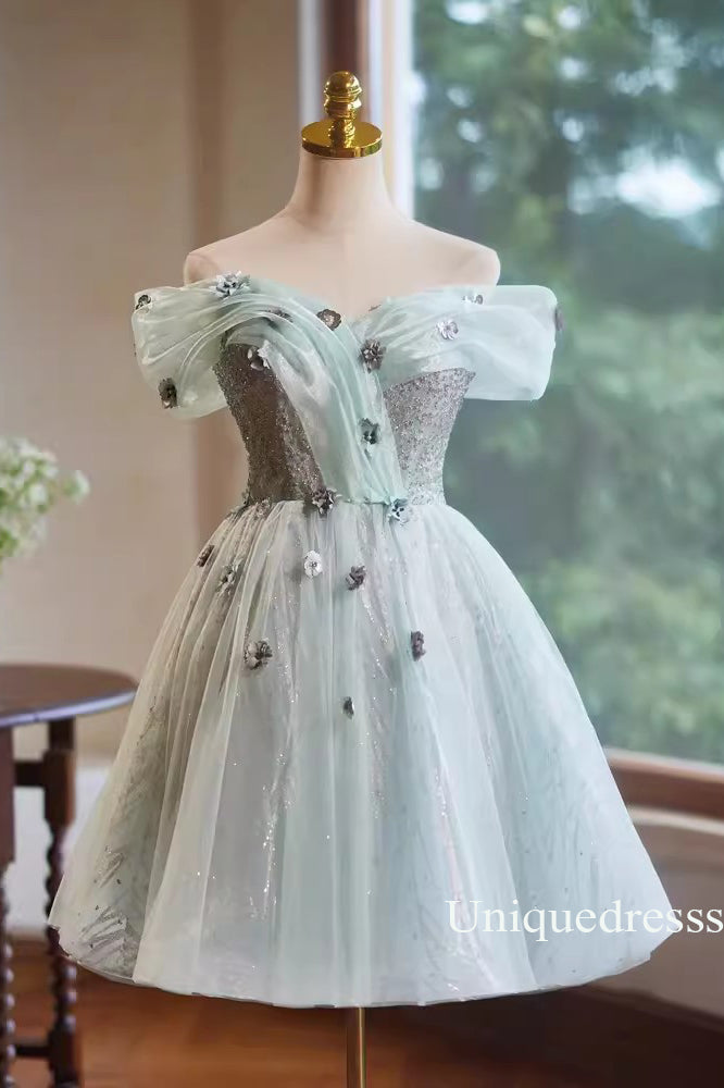 Light Green Off the Shoulder Tulle Hoco Dress with flowers, Short Prom Gown UQH0242