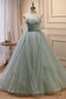 Gorgeous Light Green Tulle Prom Dress Puffy Off the Shoulder Formal Gown with Train UQP0321