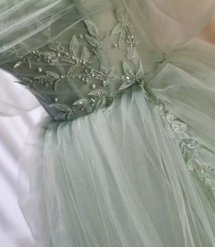 Gorgeous Light Green Tulle Prom Dress Puffy Off the Shoulder Formal Gown with Train UQP0321