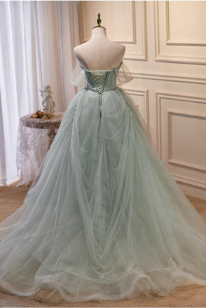 Gorgeous Light Green Tulle Prom Dress Puffy Off the Shoulder Formal Gown with Train UQP0321