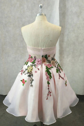 Light Pink Sweetheart Tulle Applique Short Prom Dress Homecoming Gown with Flower UQH0170